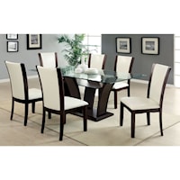 7 Piece Dining Set with Rectangular Table and White Leather Chairs