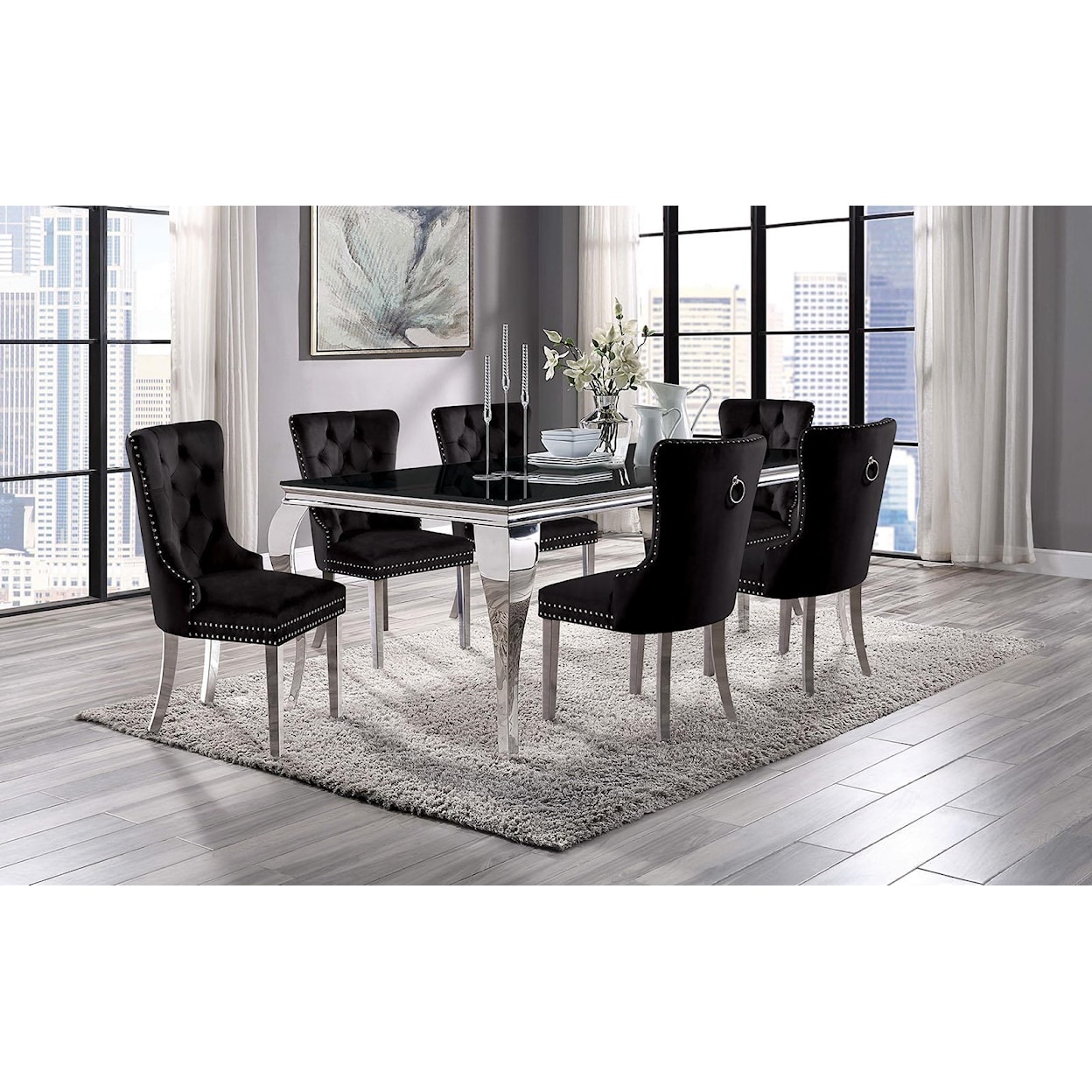Furniture of America - FOA Neuveville 7 Pc. Dining Table Set, Black Chairs