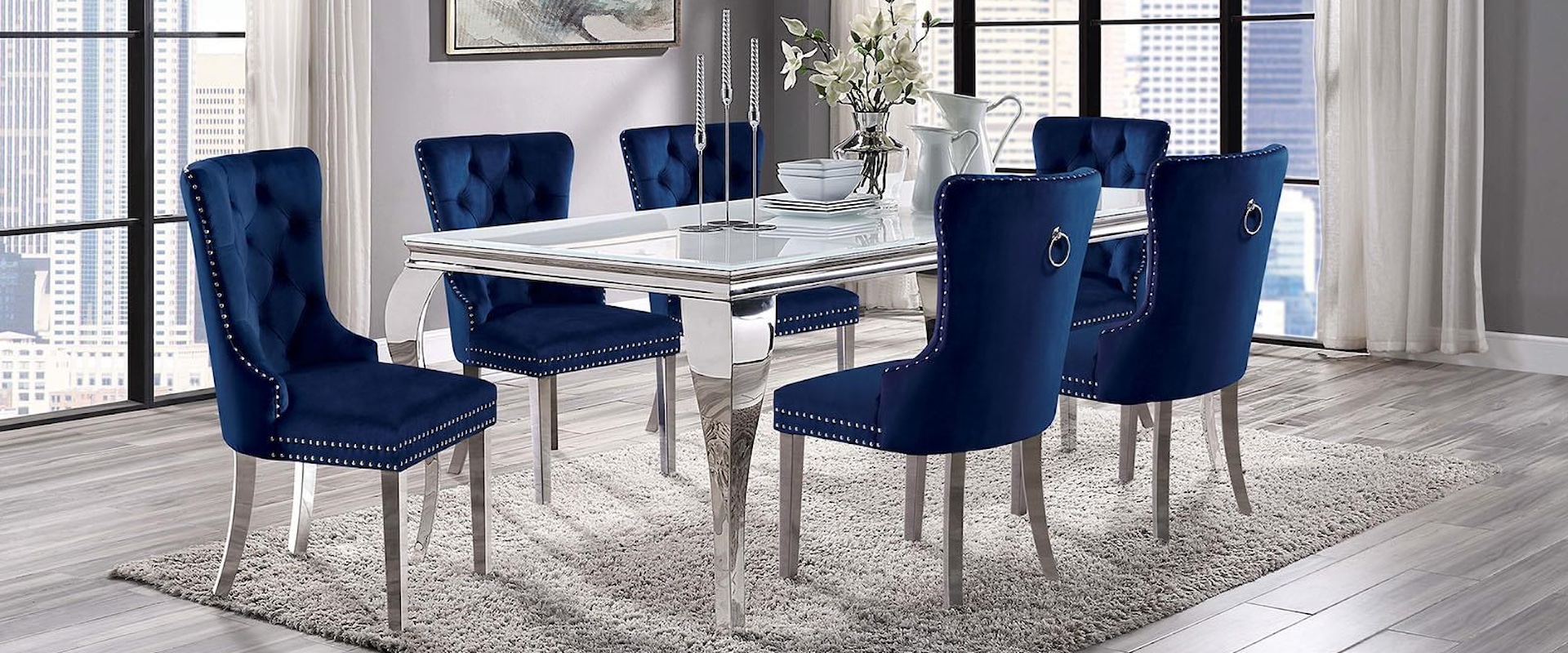 7 Pc. Dining Table Set, Navy Chairs