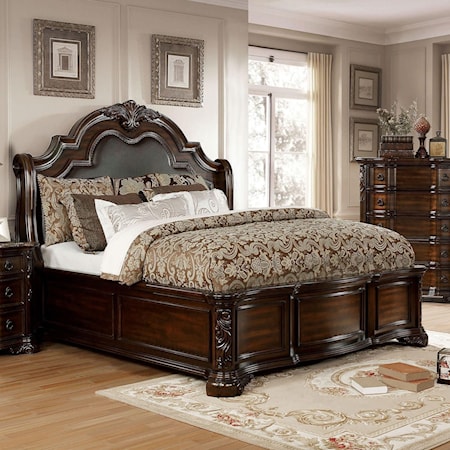 Traditional California King Panel Bed with Prominent Leatherette Headboard