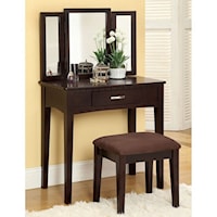 Transitional Vanity Table with Padded Stool and Tri-Fold Mirror