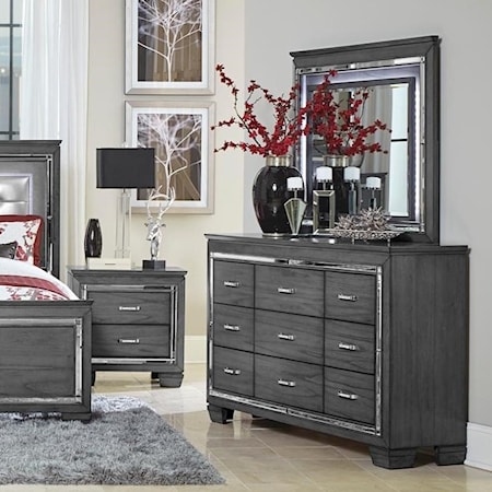 Glam Nine Drawer Dresser and Mirror with Beveled Mirror Accent