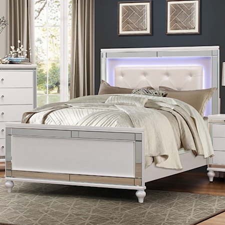 Glam California King Bed with LED Lit Headboard and Button Tufting