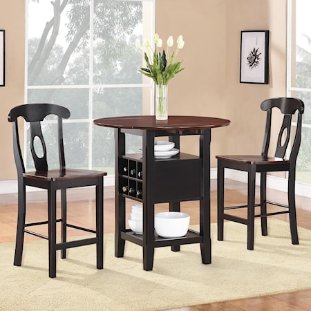 Pub Table and Chair Set with Two Tone Finish and Wine Bottle Storage