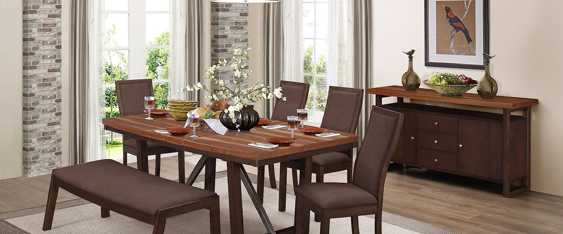 Contemporary Dining Room Group with Self-Storing Table Leaf and Bench