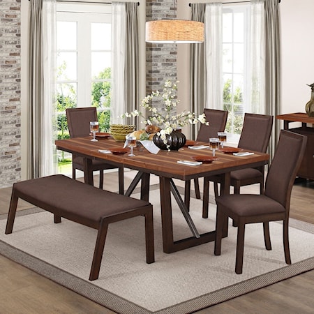 Contemporary Table and Chair Set with Bench and Self-Storing Leaf