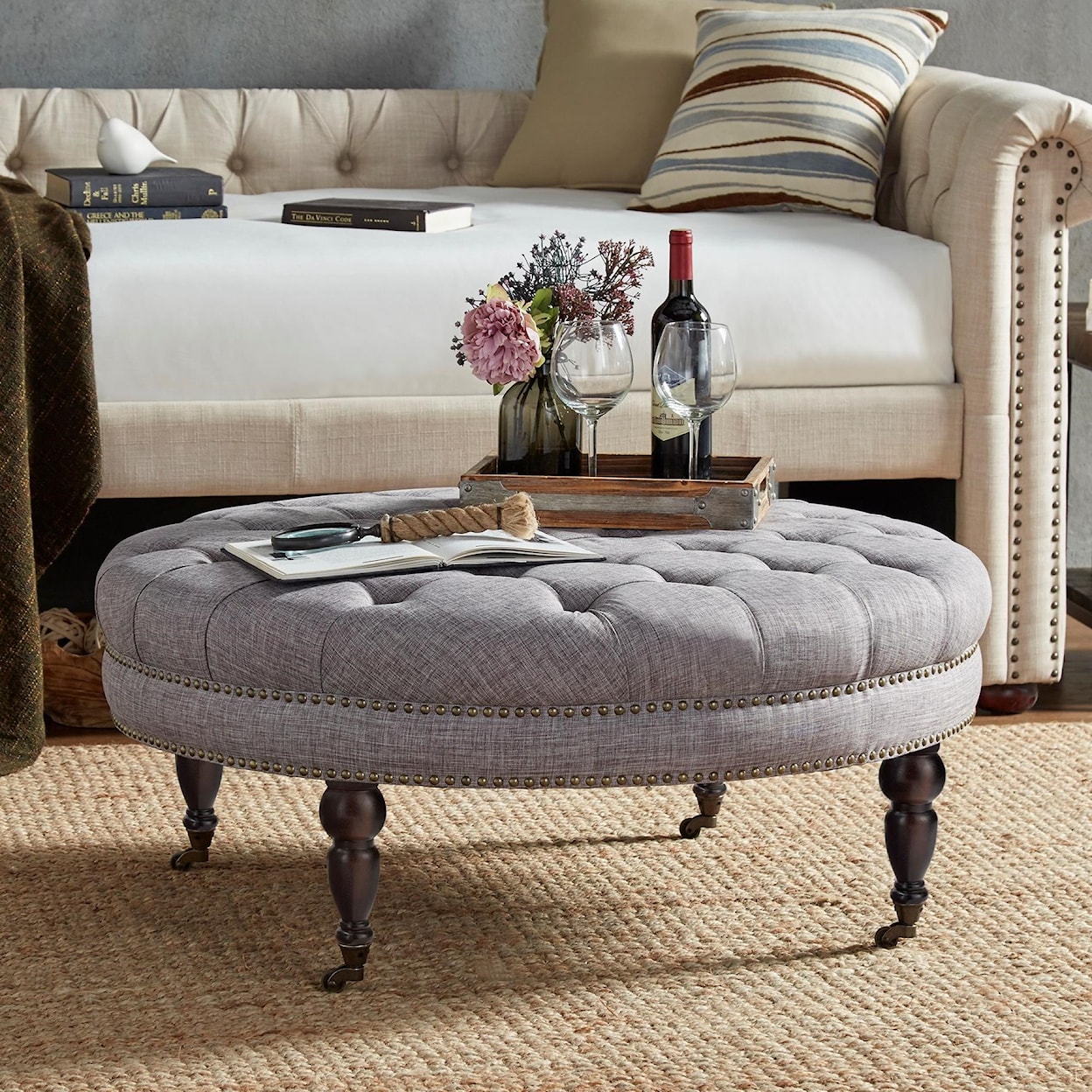 Homelegance  Round Tufted Bench Ottoman with Casters