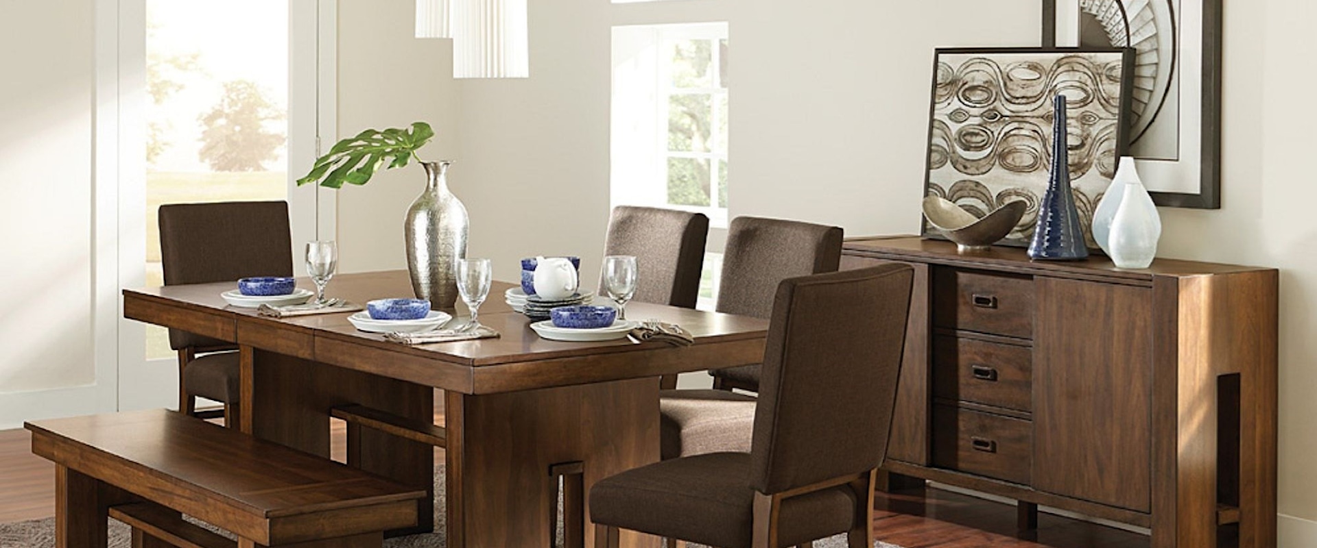 Contemporary Formal Dining Room Group with Bench and Self-Storing Leaf