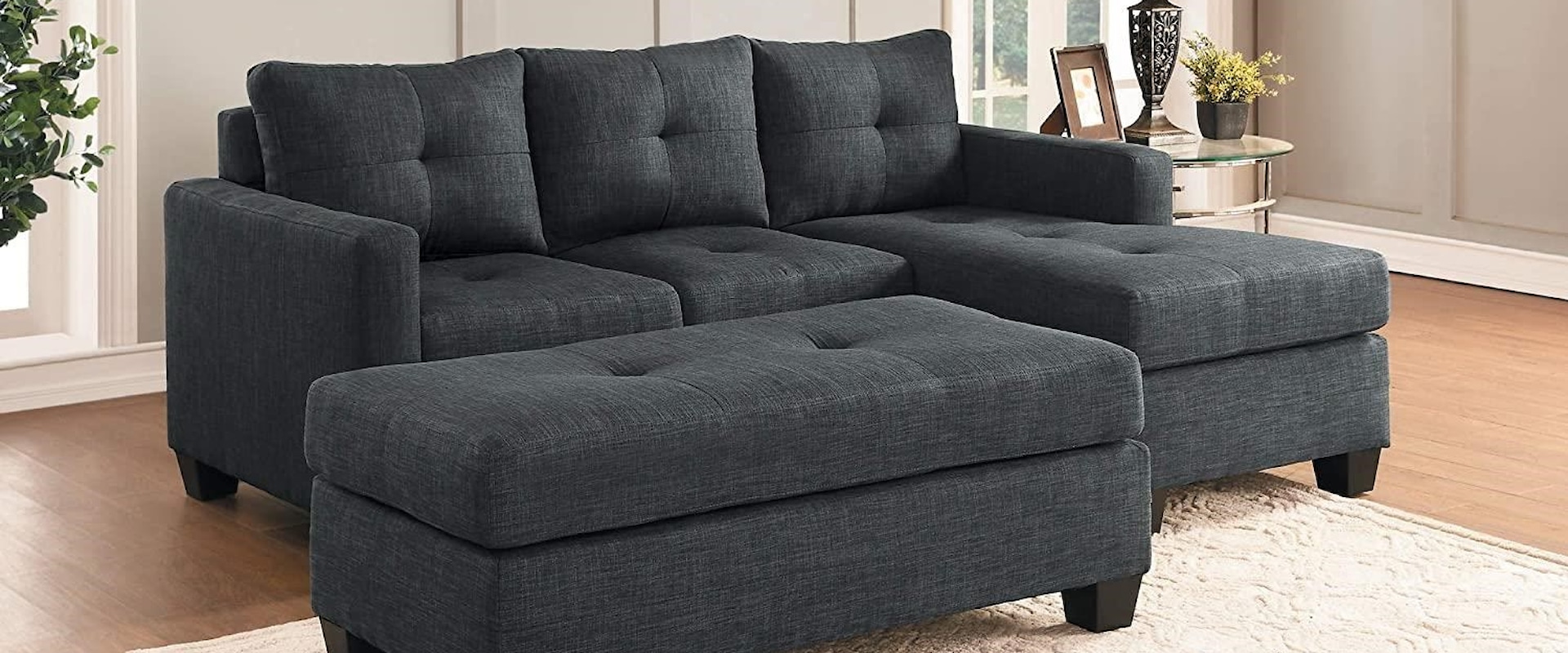 Reversible Sofa Chaise and Ottoman Dark Grey