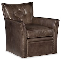 Transitional Leather Swivel Club Chair with Tufted Back and Nailheads