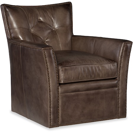 Transitional Leather Swivel Club Chair with Tufted Back and Nailheads