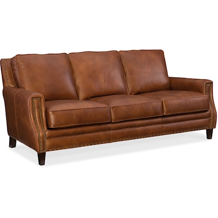 Transitional Leather Stationary Sofa with Nailhead Trim