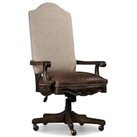 Tilt Swivel Chair with Leather Seat, Fabric Back and Nailhead Trim