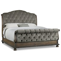 California King Tufted Sleigh Bed with Exposed Wood Rail