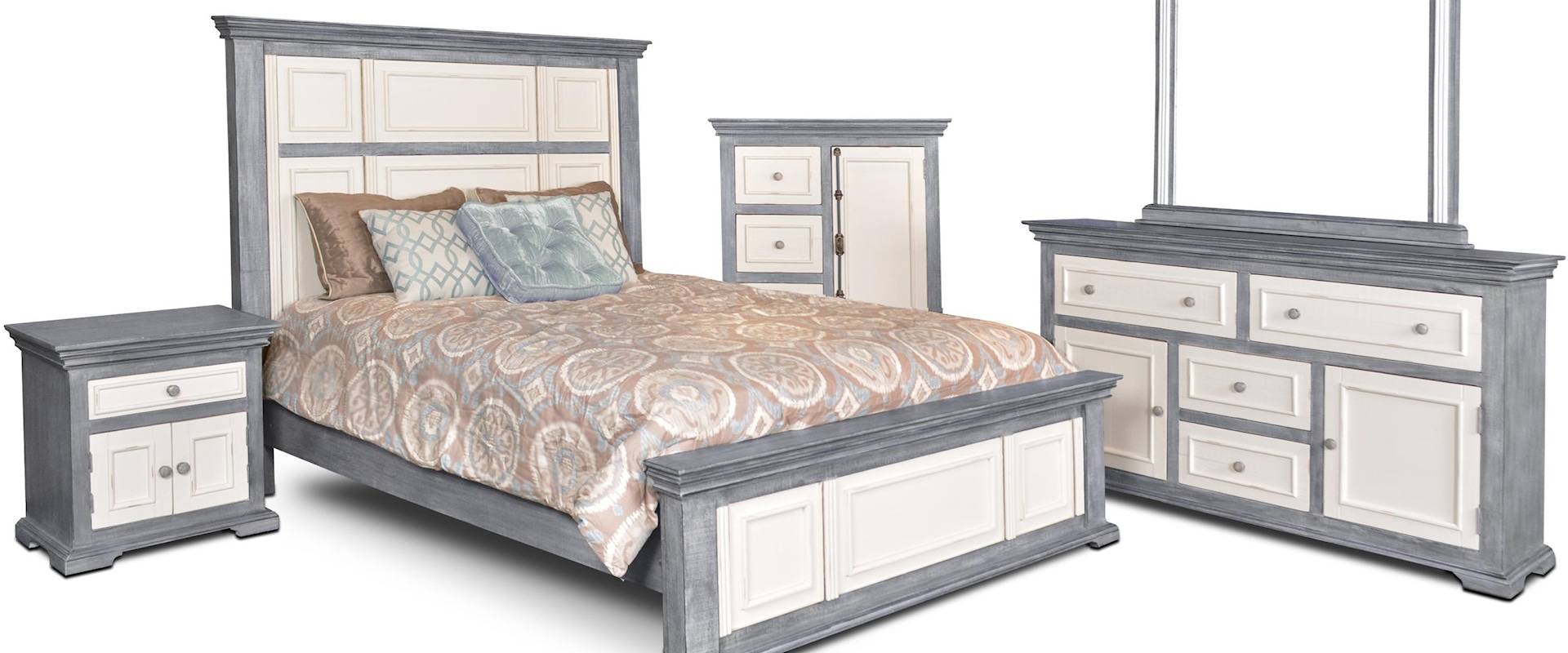 East King Bed Dresser Mirror Chest and 1 Nightstand