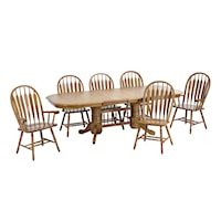 Trestle Table with Two Wide Curved Arrow Arm Chairs and Four Wide Curved Arrow Side Chairs