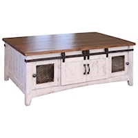 Rustic Cocktail Table with Mesh Panel Accents and Sliding Doors