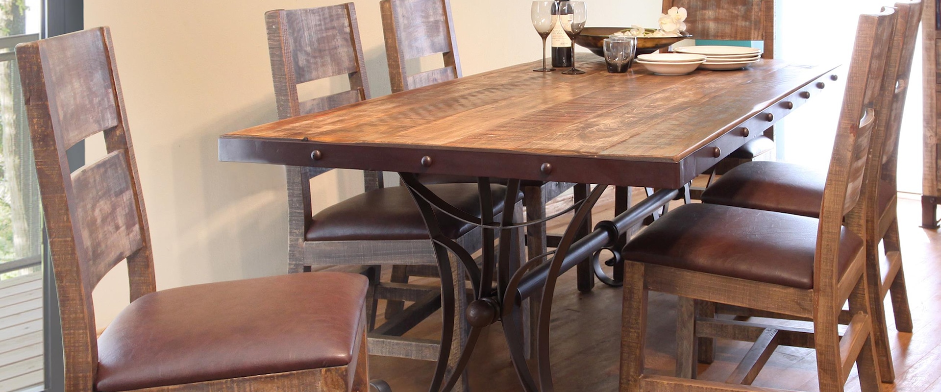 7 Piece Dining Set with Iron Trestle Table