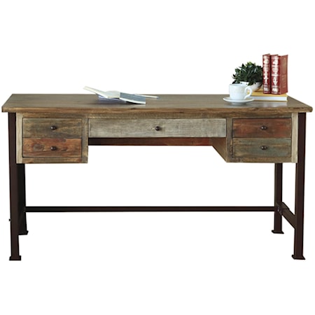 Antique Multicolor Writing Desk with Hand Forged Iron Base