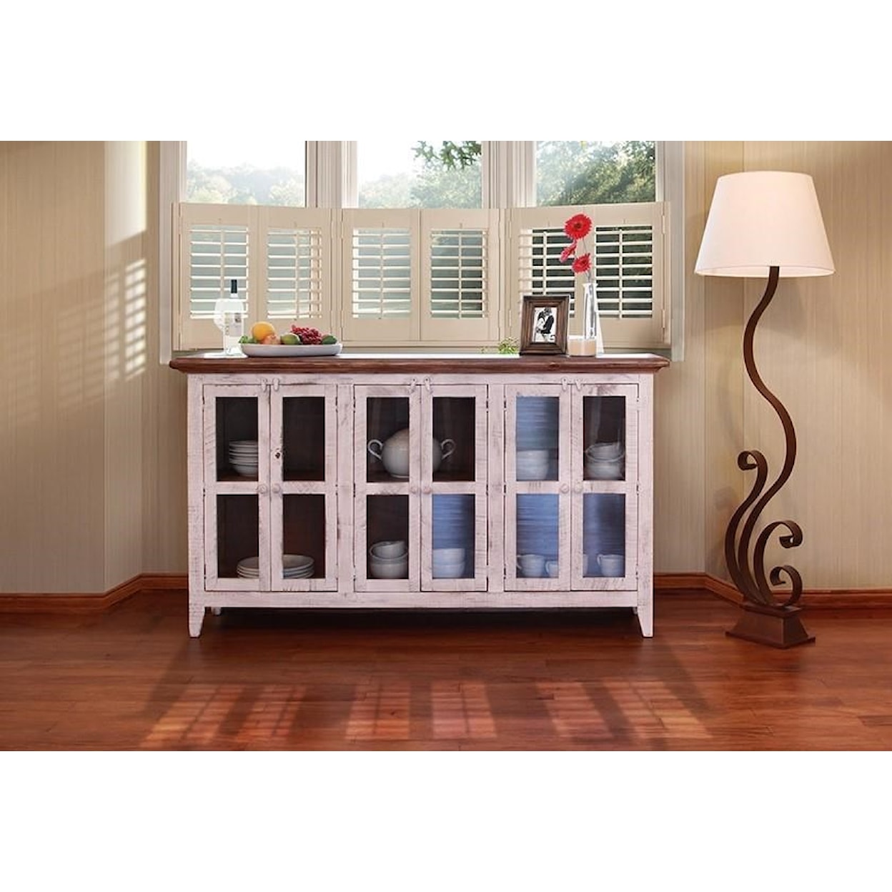 International Furniture Direct 926 Antique White 71" Console with Glass Doors