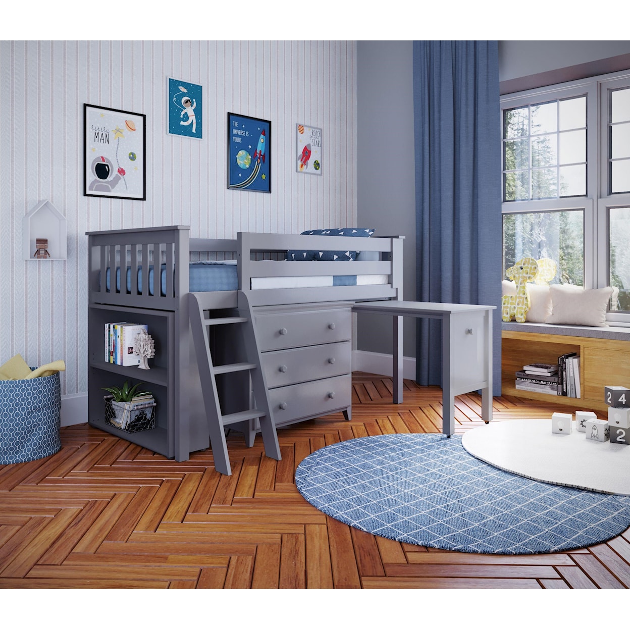 Jackpot Kids Loft Beds Twin Low Loft Bed Set w/Pull Desk In Gray