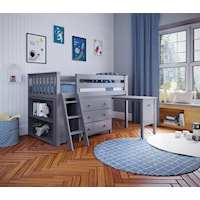 Windsor Twin Low Loft Bed Set w/ 3 Drawer Dresser, 2 Shelf Bookcase, Pull out Desk in Gray
