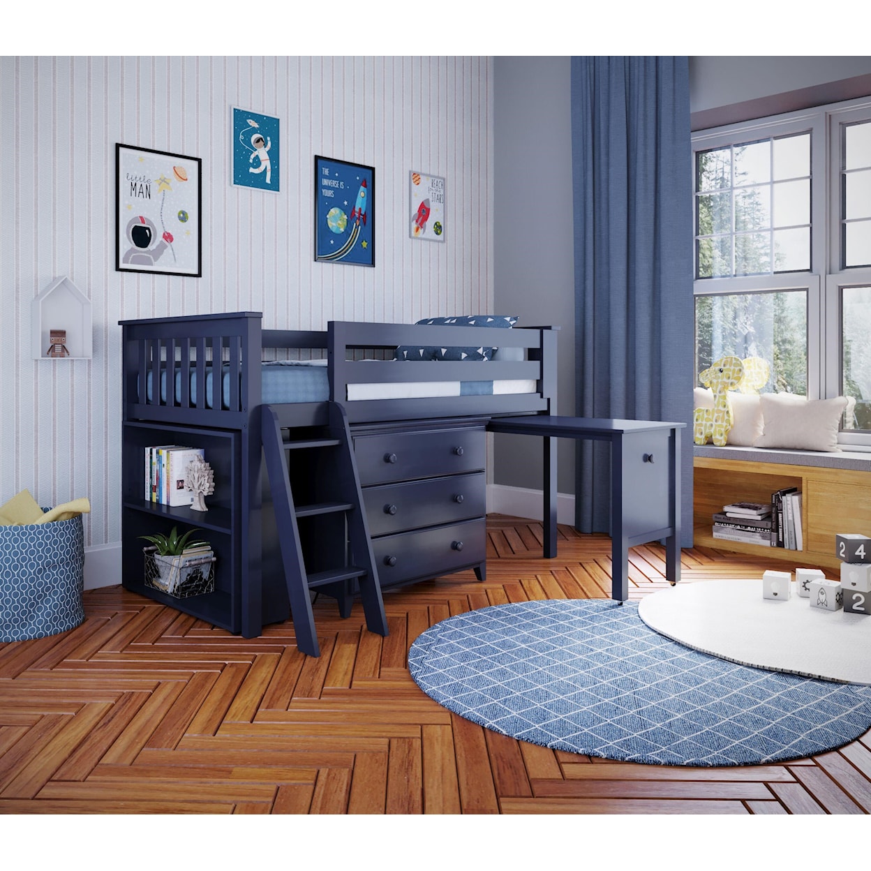 Jackpot Kids Loft Beds Twin Low Loft Bed Set w/Pull Desk in Blue