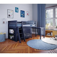 Windsor Twin Low Loft Bed Set w/ 3 Drawer Dresser, 2 Shelf Bookcase, Pull out Desk in Blue