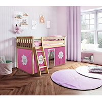 York 1 Low Loft Bed in Natural w/Angle Ladder w/Curtain in Hot Pink/White