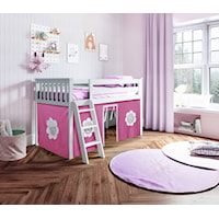 York 1 Low Loft Bed in White w/Angle Ladder w/Curtain in Hot Pink/White