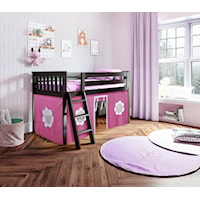 York 1 Low Loft Bed in Espresso w/Angle Ladder w/Curtain in Hot Pink/White
