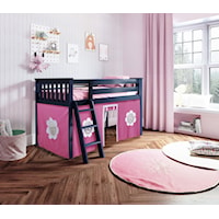 York 1 Low Loft Bed in Blue w/Angle Ladder w/Curtain in Hot Pink/White