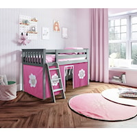 York 1 Low Loft Bed in Grey w/Angle Ladder w/Curtain in Hot Pink/White