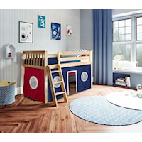York 2 Low Loft Bed in Natural w/Angle Ladder w/Curtain in Blue/Red/White