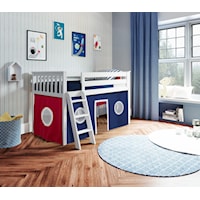 York 2 Low Loft Bed in White w/Angle Ladder w/Curtain in Blue/Red/White