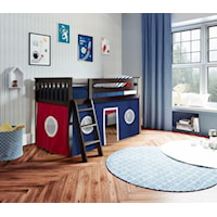 York 2 Low Loft Bed in Espresso w/Angle Ladder w/Curtain in Blue/Red/White