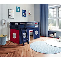 York 2 Low Loft Bed in Blue w/Angle Ladder w/Curtain in Blue/Red/White