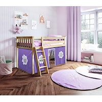 York 3 Low Loft Bed in Natural w/Angle Ladder w/Curtain in Purple/White