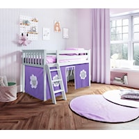 York 3 Low Loft Bed in White w/Angle Ladder w/Curtains in Purple/White