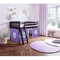 York 3 Low Loft Bed in Espresso w/Angle Ladder w/Curtains in Purple/White