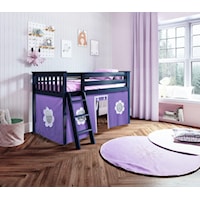 York 3 Low Loft Bed in Blue w/Angle Ladder w/Curtains in Purple/White
