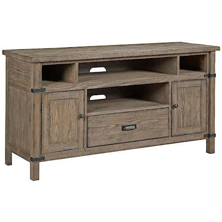 Rustic Weathered Gray Entertainment Console with Electrical Outlet