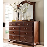 Traditional Dresser and Mirror Set with Nine Drawer Dresser and Arched Mirror