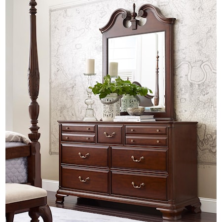 Traditional Dresser and Mirror Set with Bureau and Pediment Mirror