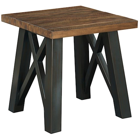 Crossfit End Table with Solid Acacia Top and Rustic Metal Base