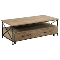 Modern Rustic 2-Drawer Solid Wood Coffee Table with Casters