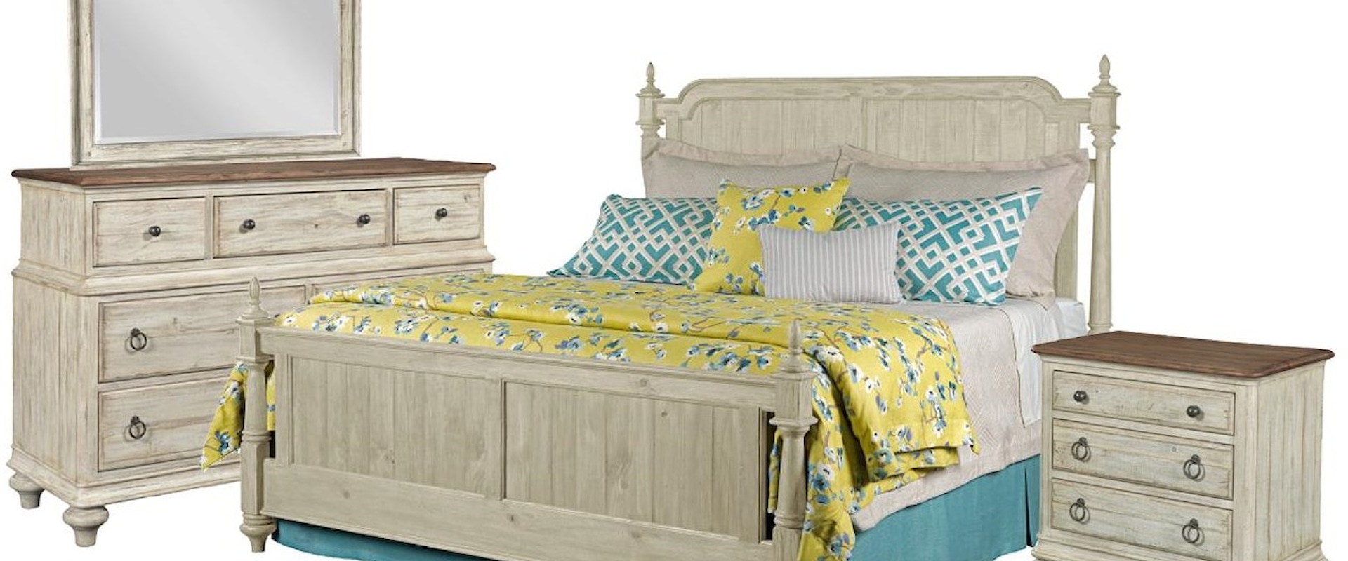 Queen Poster Bed, Dresser, Mirror, and Nightstand