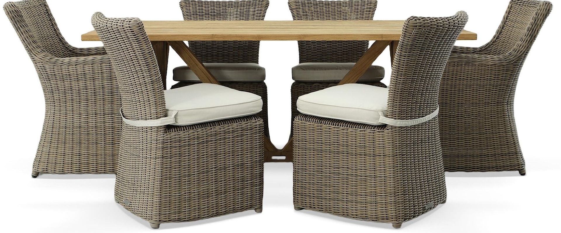 Outdoor Teak Table with Woven Arm and Side Chairs