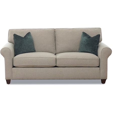 Transitional Stationary Sofa with Down Blend Cushions and Welts
