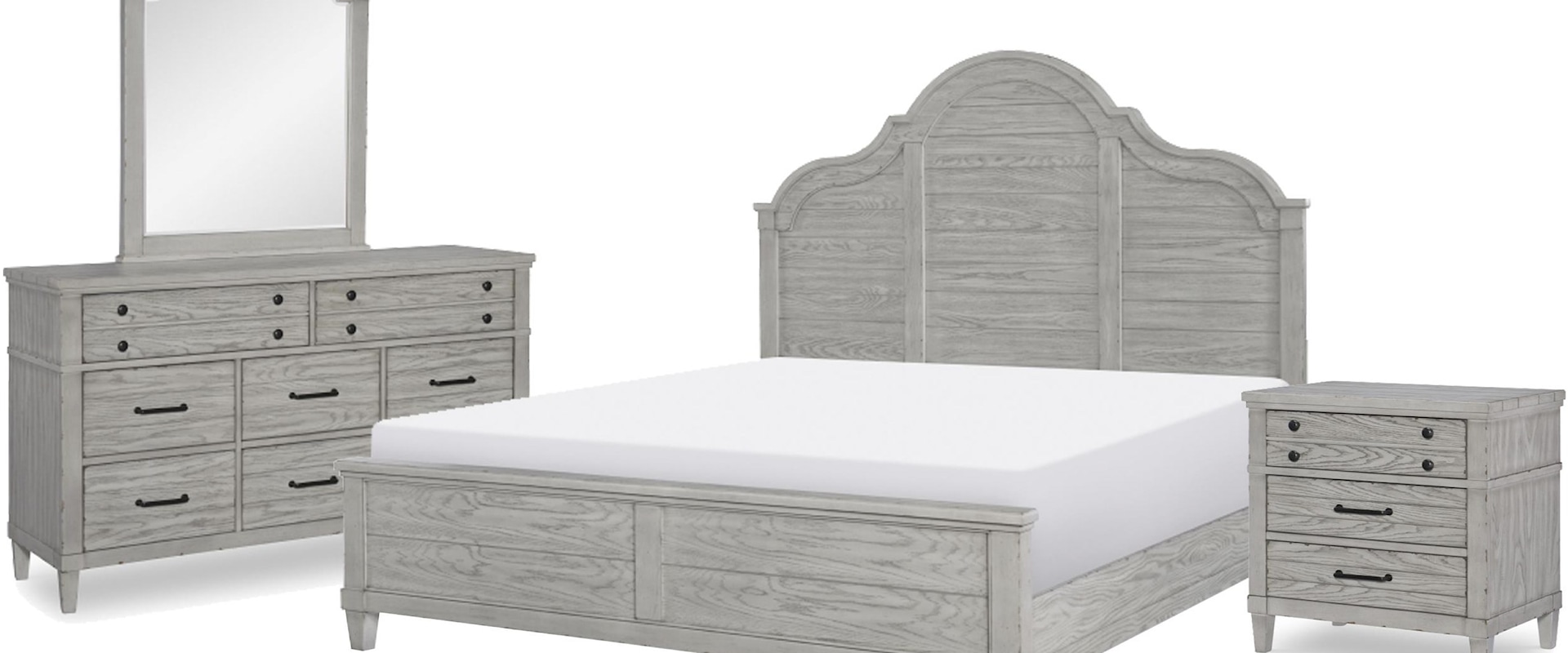 Queen Arch Panel Bed, 8 Drawer Dresser, Arched Mirror, and Nightstand